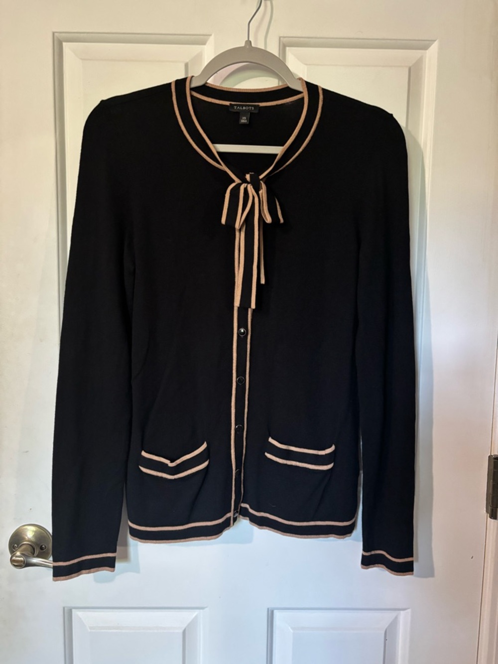 Talbots Black Sweater Button Cardigan with Tan Contrast Trim and Bow. So classy!